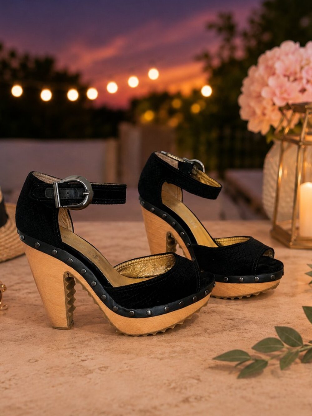 daniblack Black Snakeskin-Pattern Velvet Platform Sandals | Size 7
